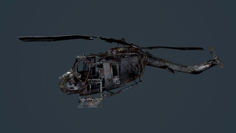 Wrecked Damaged UH1H Military Helicopter Game Ready 04