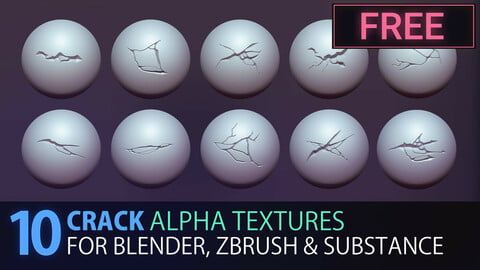[FREE] 10 Cracks ALPHA PACK (+Video How to install) - 50 .PSD files | 5 styles (Clean, Stylised Damage, Noisy Damage...) | Zbrush, Blender & Substance! Damage, Cracks Stylised Alpha Textures