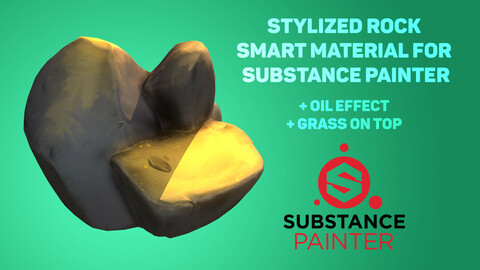 Stylized Rock with Oil effect and Auto-generated grass on top for substance painter