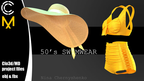 50's swimwear + hat. Marvelous Designer/Clo3d project + OBJ + FBX.