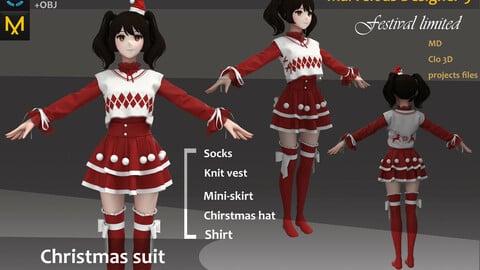 Christmas Costume_Clothes/Outfit_Women Dress/Uniform_Festival Limited_Marvelous Designer & CLO 3d_ FBX, OBJ(if needed)_Xmas Gift