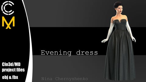 Evening dress + gloves. Marvelous Designer/Clo3d project + OBJ + FBX.