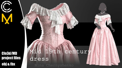 Mid 19th century dress. Marvelous Designer/Clo3d project + OBJ.