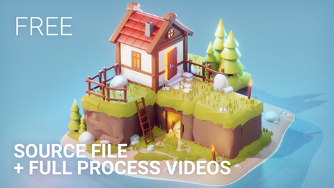 Cute Low Poly Hut on an Island | 3d Game Model created in Blender | Blender 2.90 Source File (.Blend)