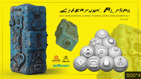 500+ Cyberpunk Alphas  [4 in one edition] [AO,NRM,DT,ALPHA - HARD SURFACE MAPS ]