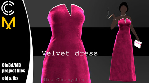 Velvet dress. Marvelous Designer/Clo3d project + OBJ + FBX.