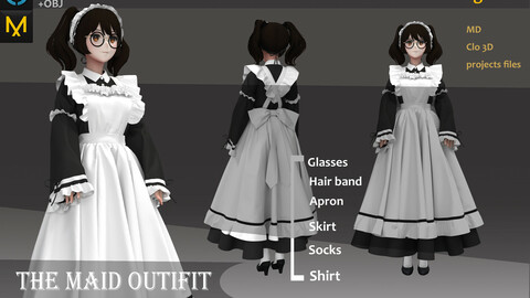 Maid Uniform Dress_Maid Clothes Uniform_Marvelous designer(Clo3d) project_OBJ&FBX(if needed)