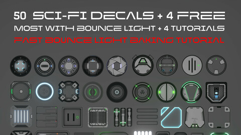 50 Sci-fi decals pack, with BOUNCE light. DecalMachine 2.1 ready + Tutorials