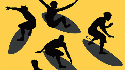 Various surfers in vector silhouettes