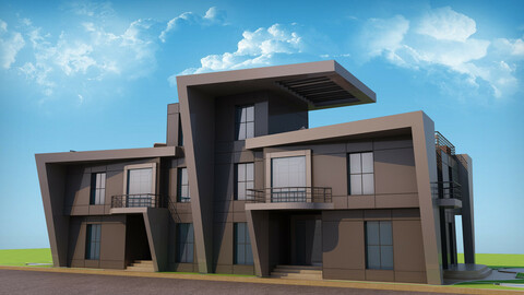 Modern Twin House - 3Ds Files - 2Ds Plans