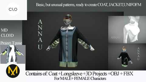 COAT, JACKET, LONGSLEEVE Clo3D, Marvelous Designer Project+Obj+FBx  Advanced Patterns Basic PATTERNS
