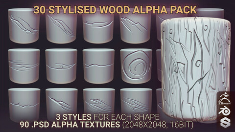 (UPDATED) 40 Stylised Clean WOOD (ALPHA PACK) - 5 Styles 150 Alpha Textures (.PSD, 2048x2048, 16bit)  [+ Video How to Install in Zbrush & blender]