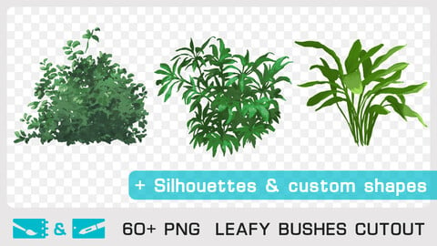 LEAFY BUSHES CUTOUT - Traditional and numeric painting pack - 60+ PNG & FREE Silhouettes + Custom Shapes