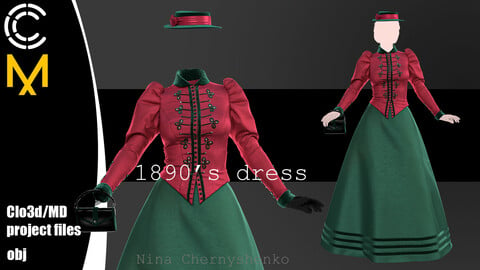 1890's dress. Marvelous Designer/Clo3d project + OBJ.