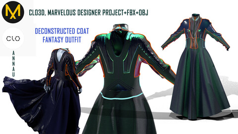 CLO3D, MARVELOUS DESIGNER PROJECT|+FBX +OBJ | GENESIS 8: DECONSTRUCTED COAT/ FANTASY OUTFIT; PRO PATTERN SERIES