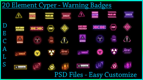 20 Element Cyber Warning Badges Decals - PSD File - Easy Customize