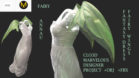 GENESIS 8: FAIRY WINGS, FANTASY DRESS: CLO3D, MARVELOUS DESIGNER PROJECT|  +OBJ|+FBX