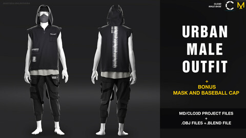 Urban male outfit + bonus mask and baseball cap   /MD/Clo3d project + OBJ + .BLEND file