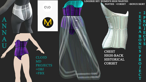 GENESIS 8 FEMALE LINGERIE SET|CHEST HIGH-BACK HISTORICAL CORSET+WOMEN'S WAISTED PANTIES+ BONUS SKIRT: CLO3D, MARVELOUS DESIGNER 3 PROJECTS| +OBJ +FBX