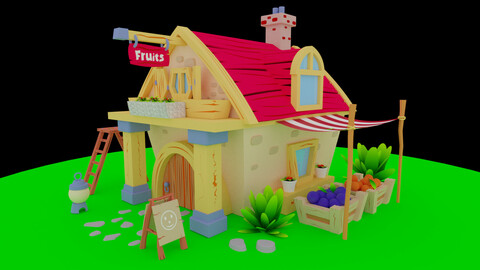 A small scene with a low poly model of a house.