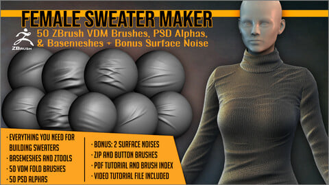 Female Sweater Maker: VDM Fold Brushes, Basemeshes, Alphas and Surface Noise Presets