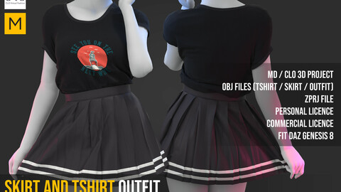 Pleated skirt and tshirt outfit MD / CLO3D / OBJ / ZPRJ
