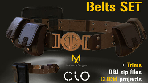 Six belts set. MD, CLO3D project files, obj, Trims