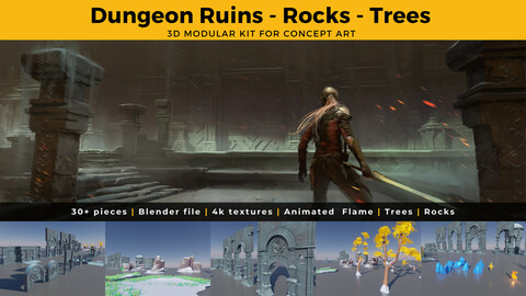 3D Assets - Dungeon Ruins , Rocks, Trees, Crystals