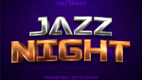 Jazz night text, shiny gold and silver color style editable text effect