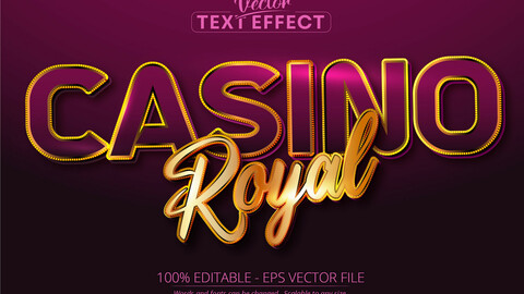Casino Royal text, shiny golden and purple color style editable text effect