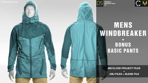 Mens windbreaker + bonus pants. MD/Clo3d project + OBJ + .BLEND file 