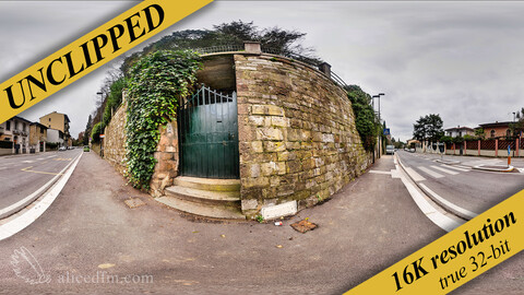 Florentine street on a cloudy day. 360x180 HDRI, UNCLIPPED, 16K resolution, true 32-bit uncompressed openEXR