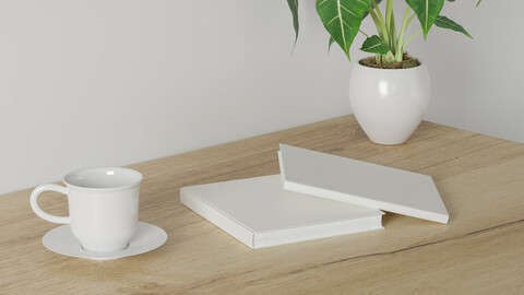 3d render Working desk with white background. blank book, coffee cup and green plant on wood table. minimal workspace. wall concept template.
