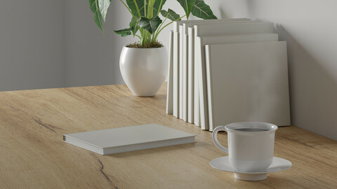 3d render Working desk with white background. blank book, green plant and coffee cup on wood table. minimal workspace. simple wall interior design concept template.