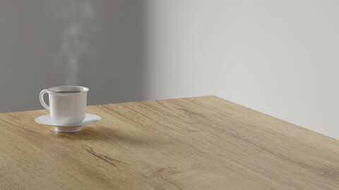 3d render coffee cup with smoke on wood table. minimal workspace. wall concept template. hot coffee in mug. cafe and resturant template.