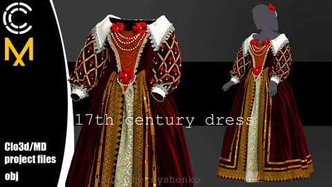 17th century dress. Marvelous Designer/Clo3d project + OBJ.