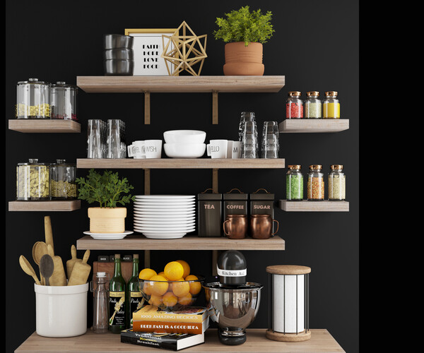 ArtStation - 3dasset Kitchen accessories on wood shelves | Resources