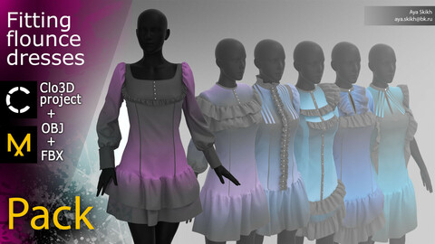 Clo3D project, Marvelous Designer. A set of 6 fitting flounce dresses
