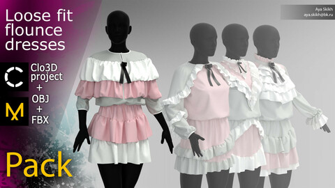 Clo3D project, Marvelous Designer. A pack of 4 loose fit flounce dresses.