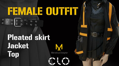Jacket and pleated skirt with a belt. MD, Clo3D project and OBJ files. For standart Clo3D Avatar Female_V2