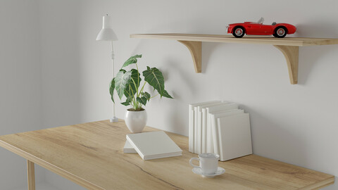 3d render Working desk and shelf with white background. blank book, car model, desk lamp, coffee cup and green plant on shelf. minimal workspace. wall concept template.
