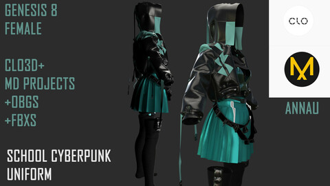 GENESIS 8 FEMALE: SUIT: STYLED SCHOOL CYBERPUNK UNIFORM: CLO3D, MARVELOUS DESIGNER PROJECTS+| +OBJ +FBX