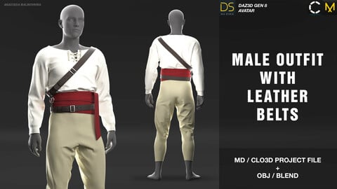 Male outfit with leather belts. MD/Clo3d project + OBJ + .BLEND file