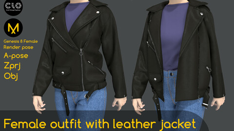 Female outfit with leather jacket. Clo3d, Marvelous Designer projects.