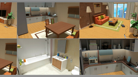 cartoon Living Room kitchen bathroom