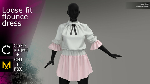Clo3D project, Marvelous Designer. Loose fit flounce dress.