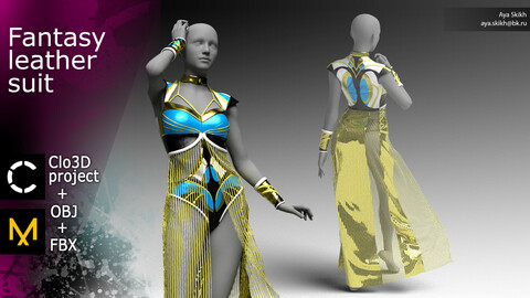 Clo3D project, Marvelous Designer. Fantasy leather suit with golden embroidery.