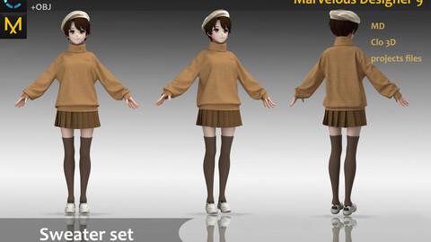 Sweater Clothes/Uniform/Outfit_Girl brown swerater & Hat & Shoes_Marvelous Designer, CLO3D