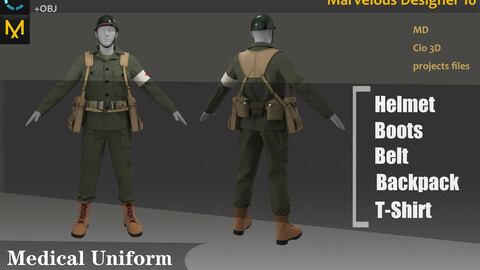 German Military Medical Uniform_Battlefile War Outfit_ Clo3d, Marvelous Designer Project + FBX + OBJ(if needed)