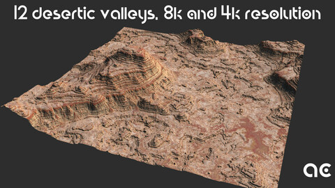 Desertic Valleys Collection | 12 Terrains at 8k resolution, Height map+Texture+Mesh